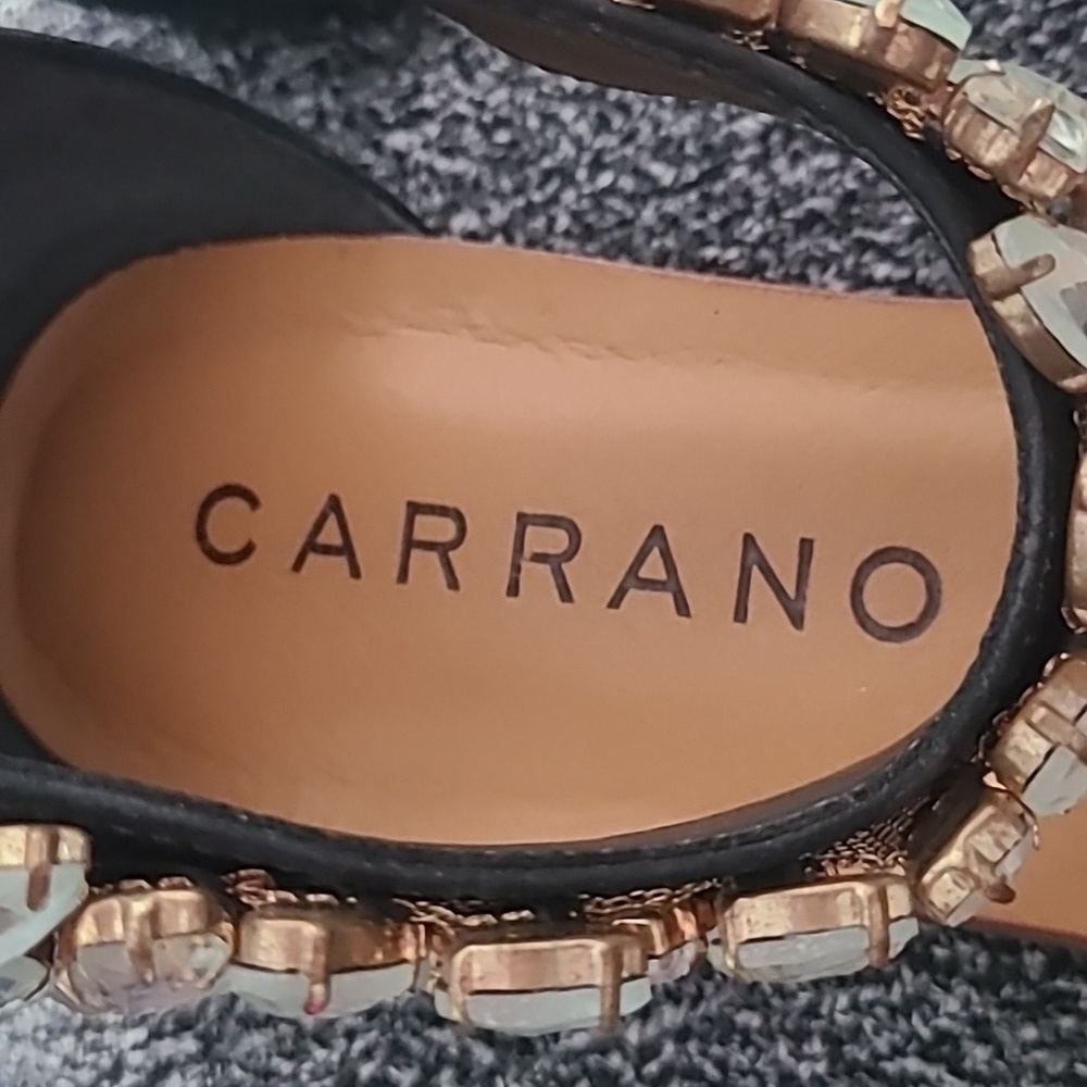 EUC Carrano Black Suede Clear Crystal Straps Gold Zipper Thong Sandals Sz 6 - Picture 3 of 7